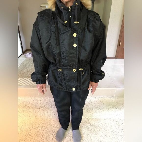 Vintage Obermeyer 2 pc Ski Jacket Pants Ski Suit Black Brocade Gold 80s 12P - Picture 10 of 16